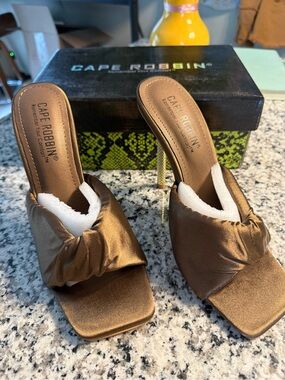 New Cape Robbin Bronze Satin Knotted Mule Heels